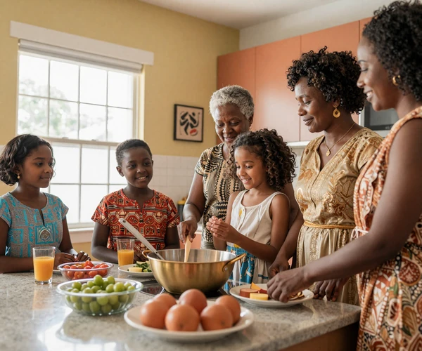 Three generations of Guyanese women preparing traditional family meal together, demonstrating strong family bonds and cultural traditions