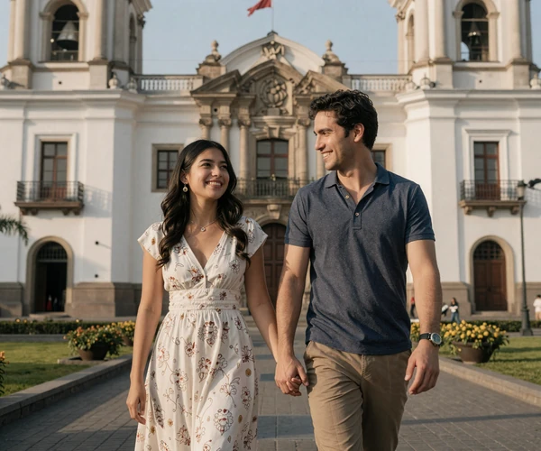 Happy American-Peruvian couple walking through Plaza de Armas in Lima, Peru, demonstrating the successful connection between cultures