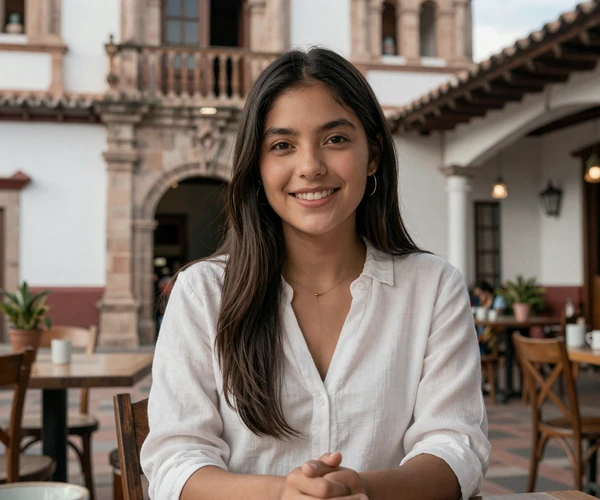 Ecuadorian woman enjoying traditional cafe in historic Cuenca district