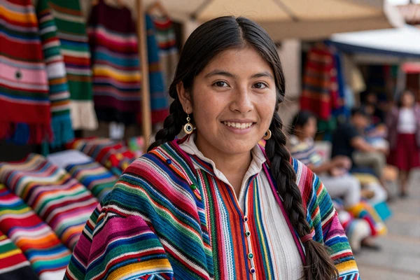 Peruvian woman in traditional colorful attire at a local market, representing the rich cultural heritage of Peru
