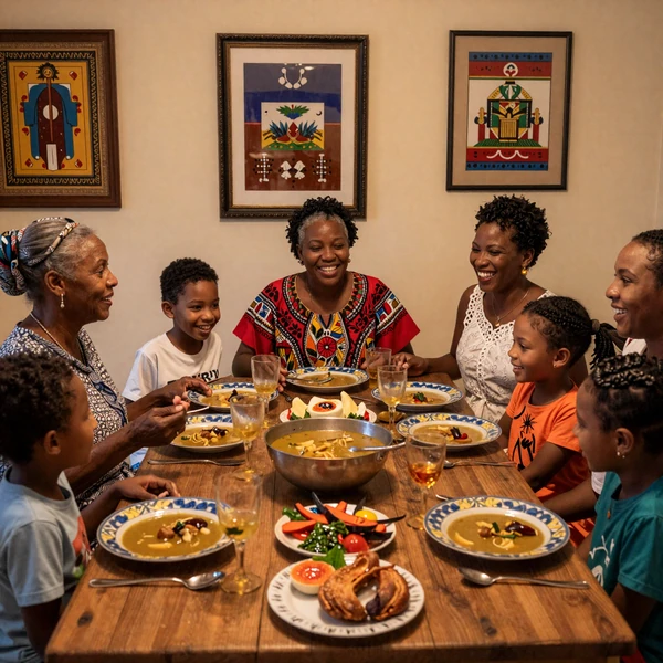 Multigenerational Haitian family celebrating together around a dinner table with traditional Haitian dishes, showing the warmth and closeness of Haitian family bonds
