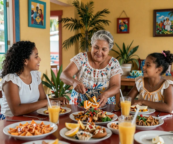 Three generations of Dominican women preparing traditional food together in a colorful Caribbean home, demonstrating strong family bonds