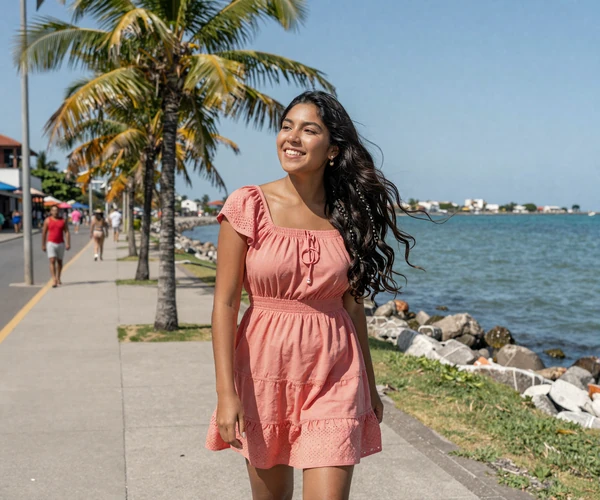 Joyful Ecuadorian woman from coastal Guayaquil on waterfront promenade