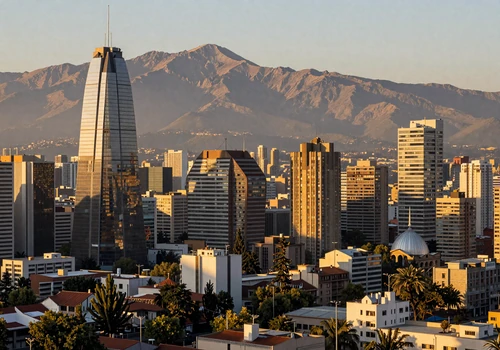 Santiago Chile cityscape with Andes mountains at sunset