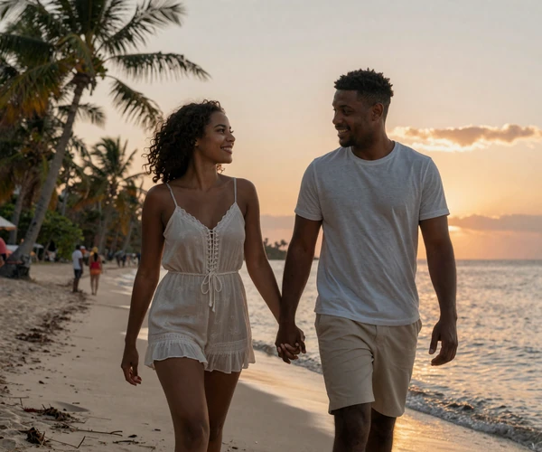 Happy couple walking hand in hand along a beautiful beach in Haiti, showcasing the romantic Caribbean atmosphere and connection
