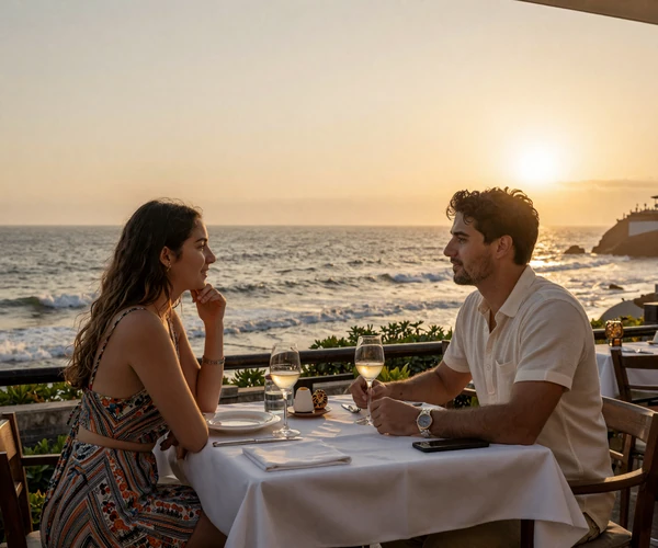 Romantic couple enjoying a sunset dinner date overlooking the Pacific Ocean in Lima, Peru, representing traditional courtship culture