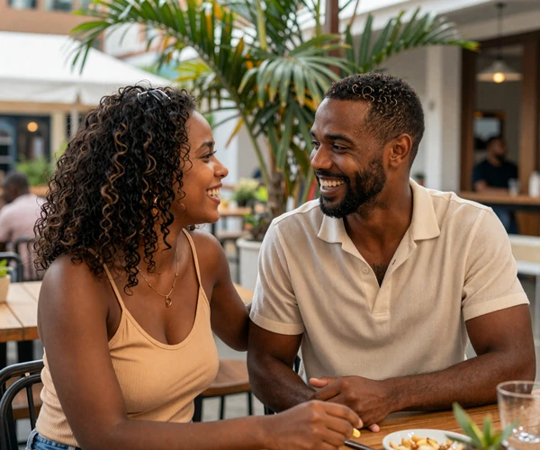 American man and Guyanese woman enjoying easy conversation at a Georgetown cafe, demonstrating natural English communication
