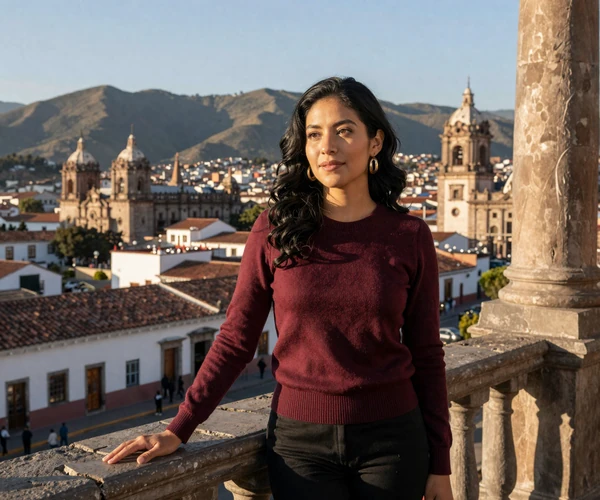 Sophisticated Ecuadorian woman from Quito highlands with colonial architecture backdrop