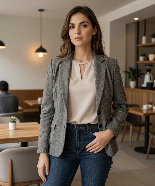Sophisticated Chilean woman at a modern cafe in Santiago displaying her elegant style