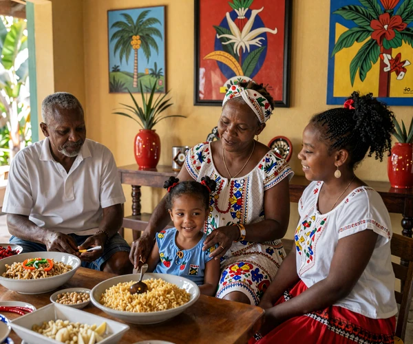 Three generations of Haitian women preparing traditional griot together in a colorful Caribbean home decorated with Haitian art, demonstrating strong family bonds