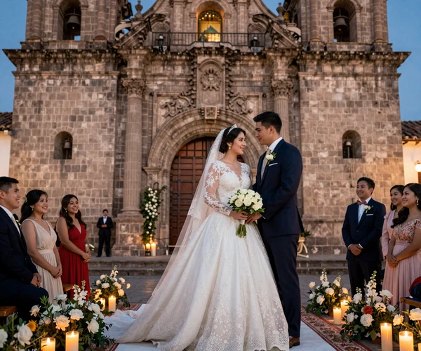 Traditional Peruvian wedding ceremony inside a beautiful colonial church in Cusco, showcasing the blend of Catholic and cultural traditions