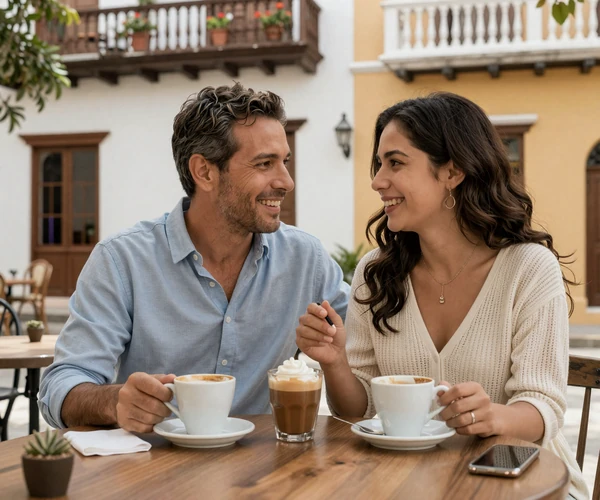 Happy American-Latin couple enjoying coffee at an outdoor cafe in Cartagena, Colombia, representing successful international relationships