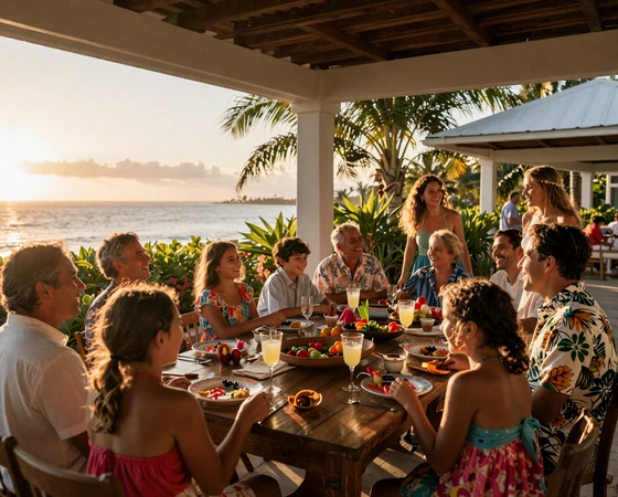 Multi-generational Dutch Antillean family gathering outdoors enjoying time together, representing strong Caribbean family bonds