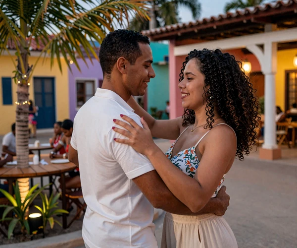 Happy couple dancing bachata together at an outdoor venue in Santo Domingo, Dominican Republic, showcasing the vibrant dance culture