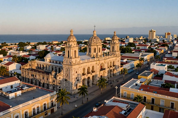 Aerial view of Santo Domingo's historic colonial zone with Caribbean Sea and colorful architecture at golden hour