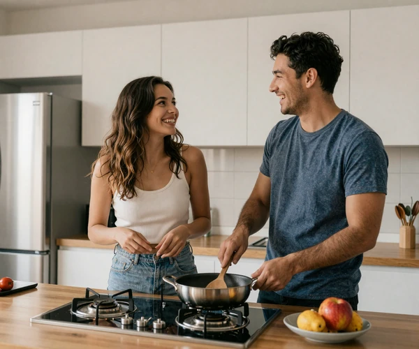 Modern Peruvian couple sharing cooking duties in their kitchen, demonstrating the evolution toward equal partnership in contemporary relationships